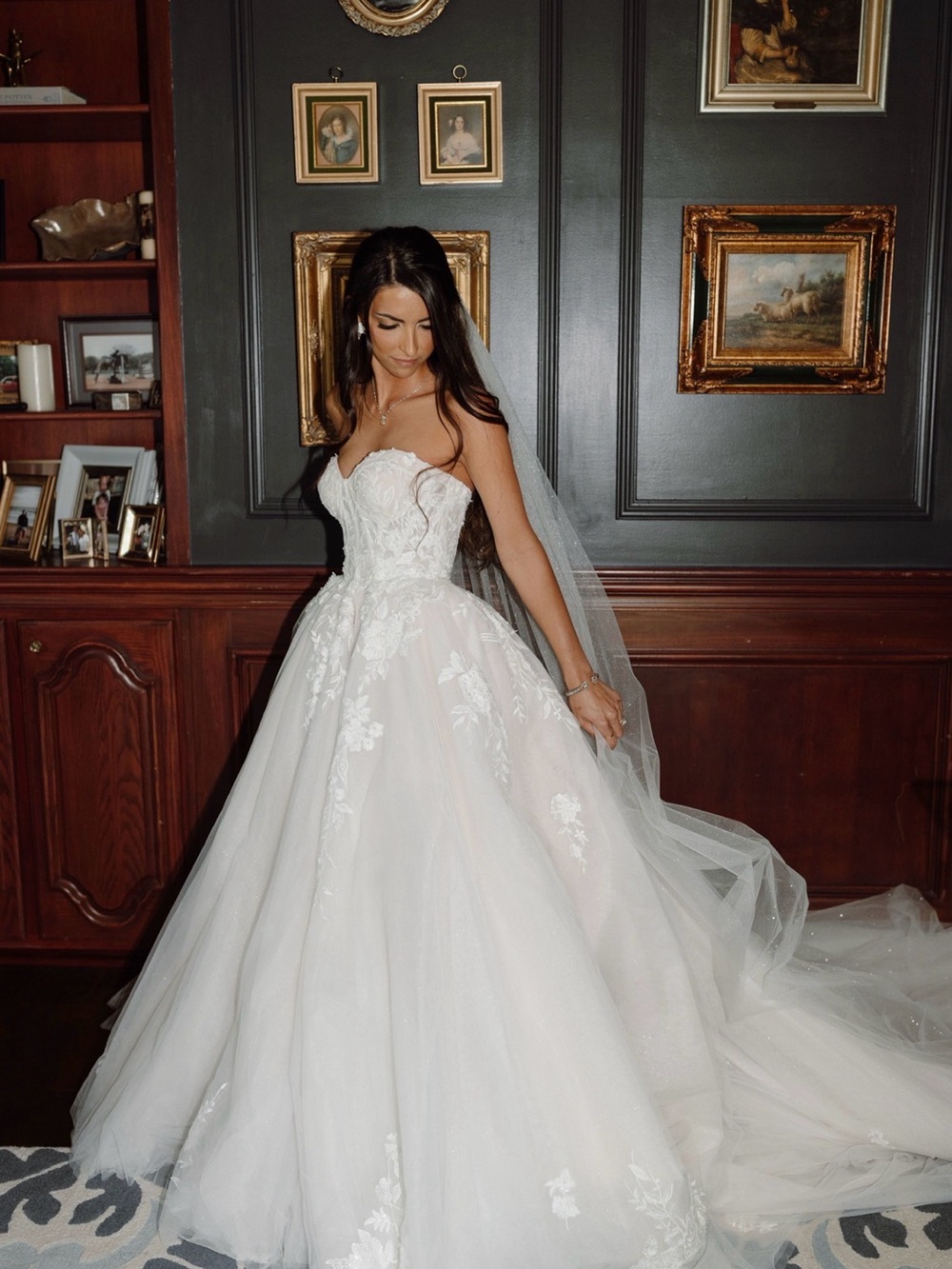Strapless Martina Liana White Lace Ball Gown Wedding Dress with Long Train